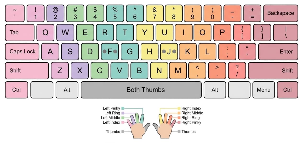 10 finger typing hand position chart showing which finger covers each key on a QWERTY keyboard.