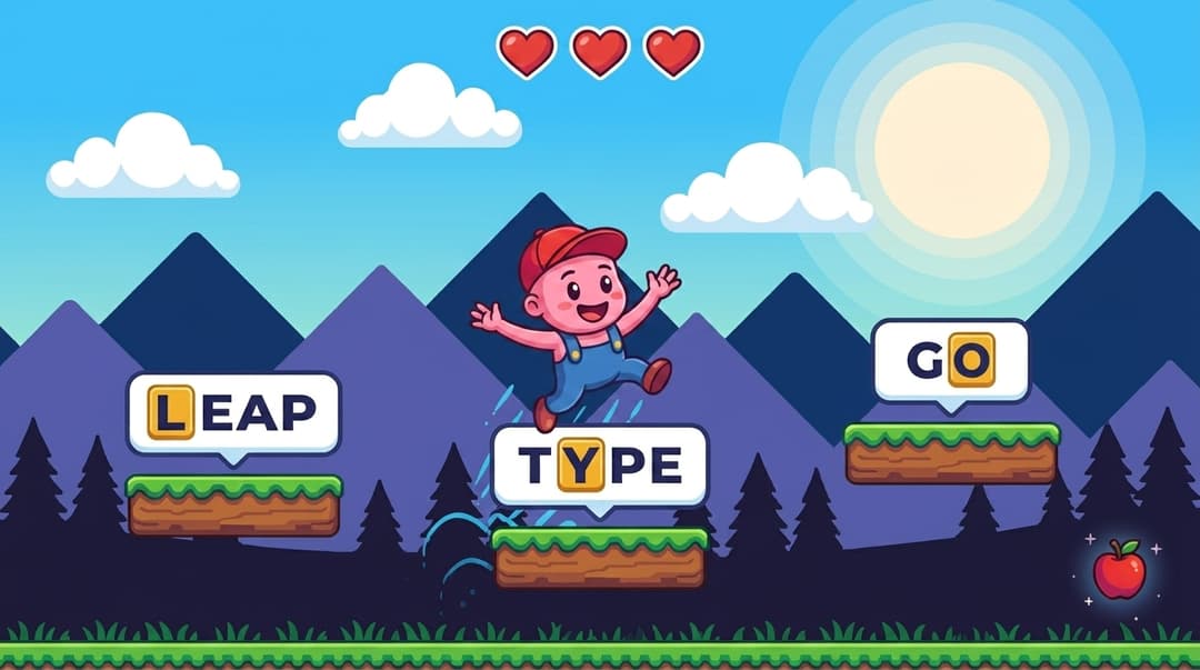 Keyboard Jump platformer typing game showing wood-log platforms with words