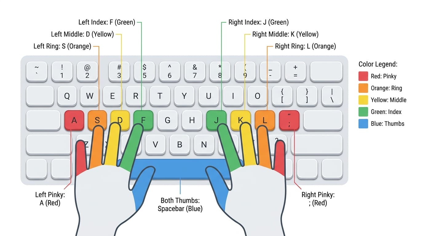 Finger placement chart for ten fast fingers touch typing on QWERTY keyboard